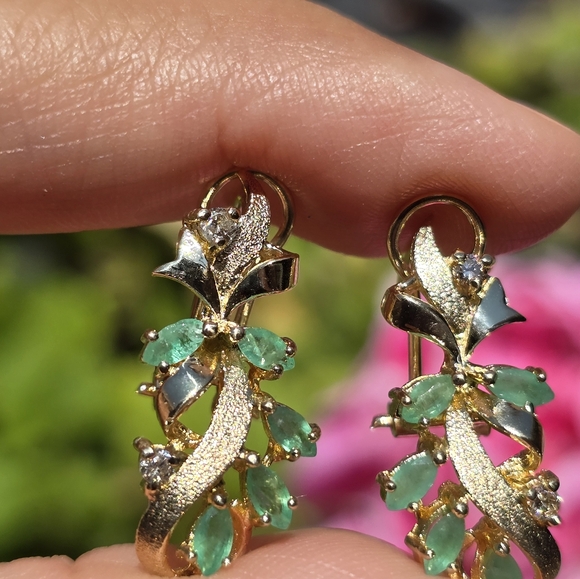 Emerald and Diamond 14k Vintage Earrings - Picture 2 of 5